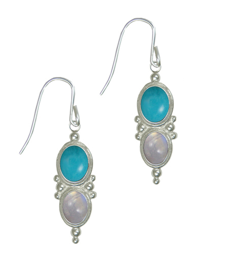 Sterling Silver Drop Dangle Earrings With Turquoise And Rainbow Moonstone